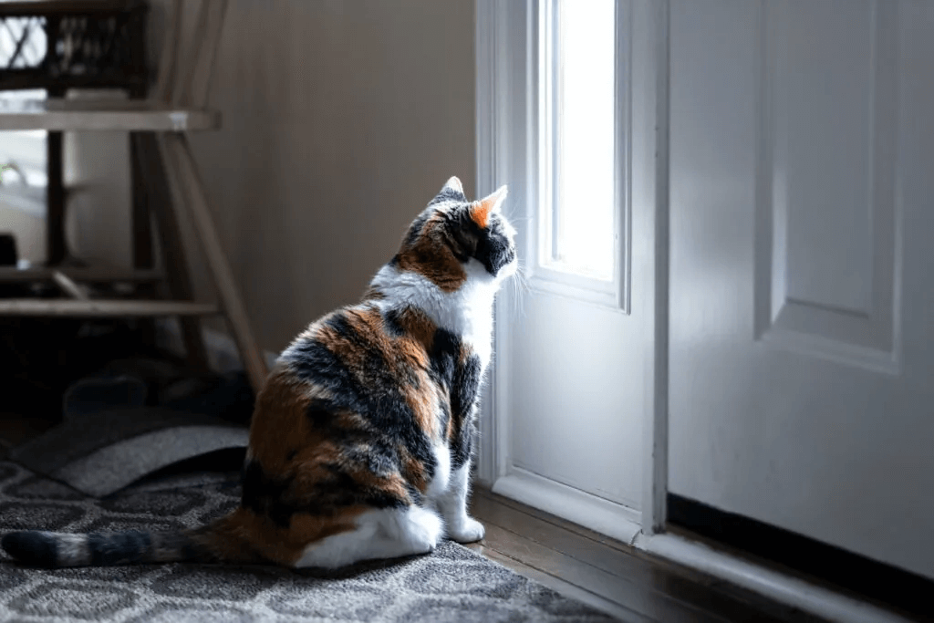 sad cat looking out window next to front door